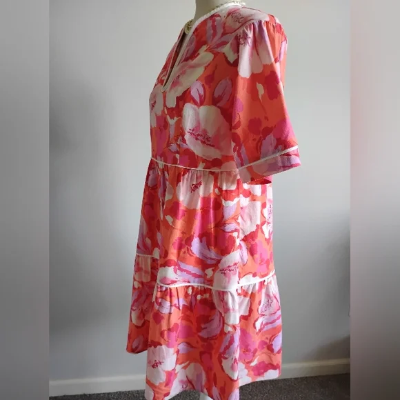 Vince Camuto Linen Blend Tropical Print Pink Orange Floral Easy Dress Size 4 - Picture 8 of 16